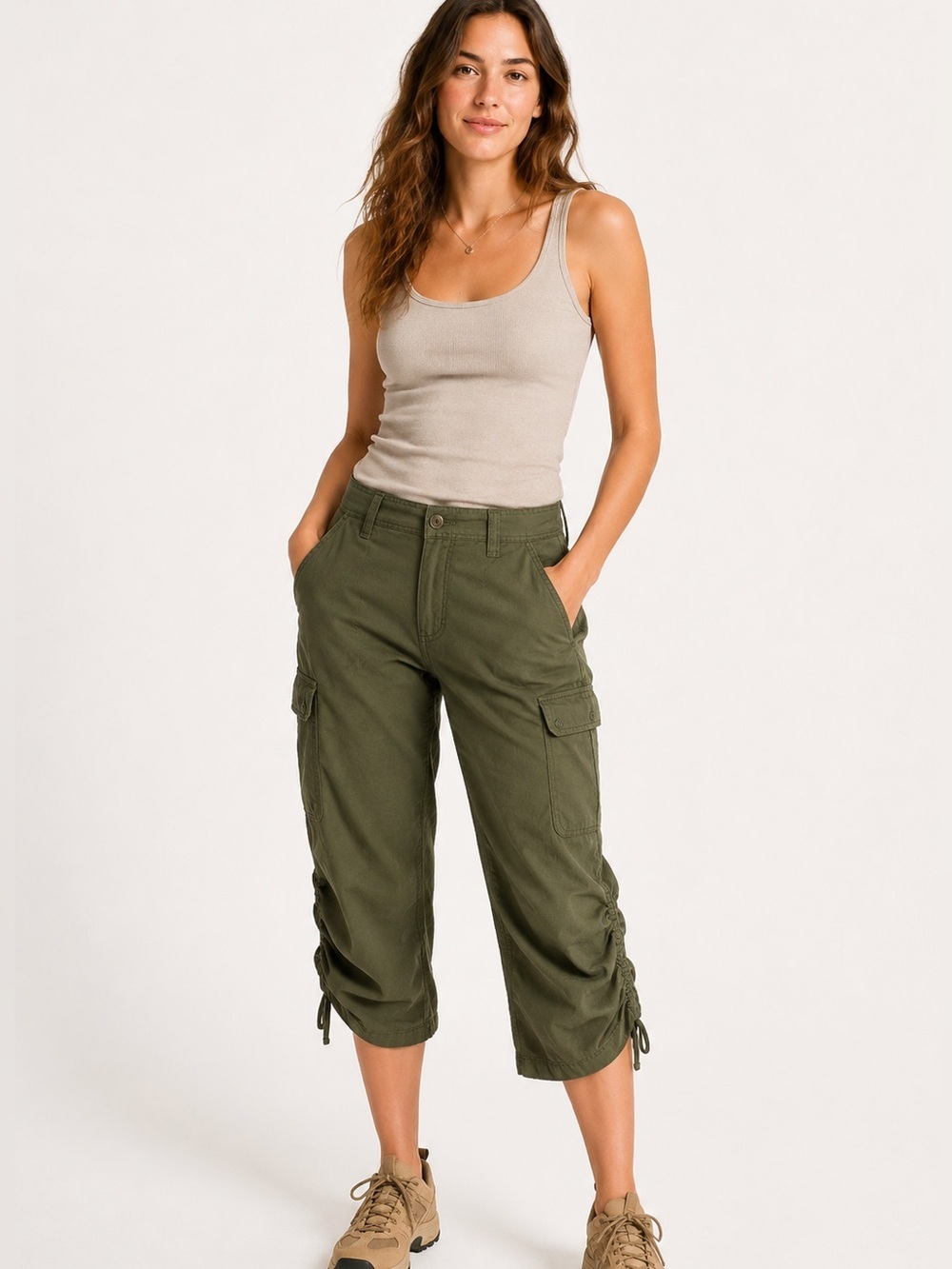 Eddie Bauer women's Cargo Capri pants in Olive Green Ruched Leg Design